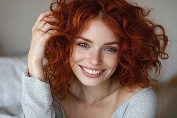 woman with voluminous red curly hair in gray off-shoulder sweater touching her hair, exposed collarbones, cozy contemplative mood