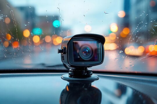 dash camera mounted on car dashboard with rain-speckled windshield and blurred colorful city lights outside, moody rainy evening and reflective surface