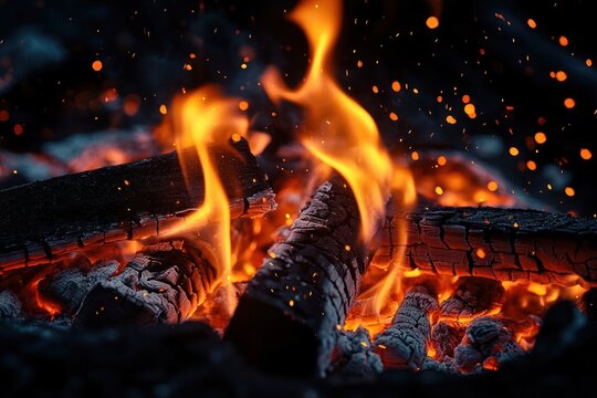 Close-up of burning charred logs with glowing embers, dancing orange flames and flying sparks, evoking intense warmth and mesmerizing glow - Powered by Adobe