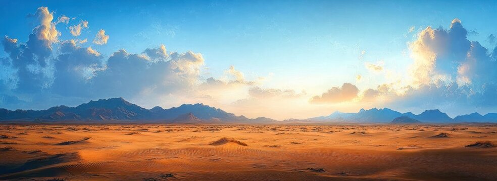 vast desert plain with rippled orange sand dunes and distant jagged mountain range under a dramatic cloud-filled blue sky at sunrise, calm and expansive mood