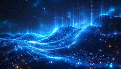 Abstract glowing blue hills with light streaks rising