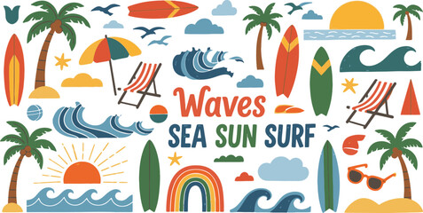 Naklejka premium Fun Tropical Summer Vector Art with Surfboards and Palm Trees