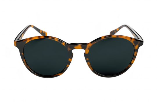 Stylish tortoiseshell sunglasses displayed on a clean white background. highlighting their unique shape and color. ideal for fashion marketing or online retail use