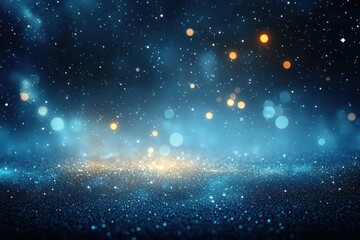 blue glittering textured foreground with gold and aqua bokeh orbs, tiny white star-like particles and soft mist evoking a dreamy, magical, serene night-sky sparkle
