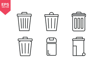 Set of line icons related to waste basket, trash can, recycle bin. Editable stroke. Vector illustration
