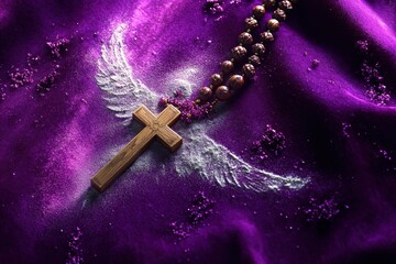 Wooden rosary cross with beaded chain resting on deep purple velvet beside powdered angel wings and glitter, evoking serene reverence and quiet devotion