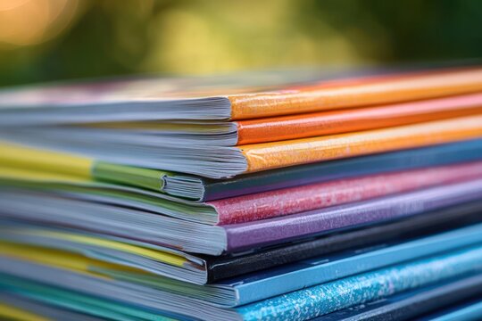 stack of colorful notebooks and journals with visible paper edges in soft warm light, inviting cozy creative mood - Powered by Adobe