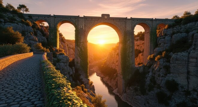 A majestic stone bridge spanning a river, with lush greenery and a stunning sunset in the background. - Powered by Adobe