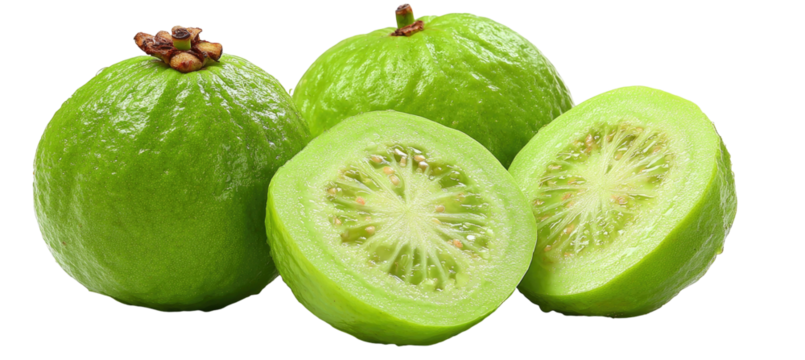 Four green, round fruits, one cut open showing white seeds
