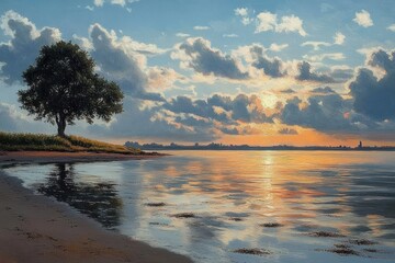 Solitary tree on a grassy sandy shore overlooking calm reflective water at sunset with dramatic clouds and a distant town silhouette, evoking a peaceful, contemplative mood