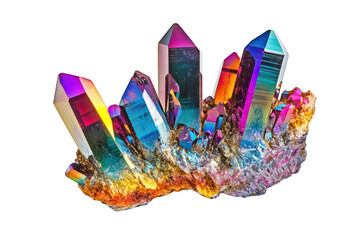 A cluster of iridescent crystals a spectrum of colors. illuminated against a clean white background. highlighting their unique formations and natural beauty