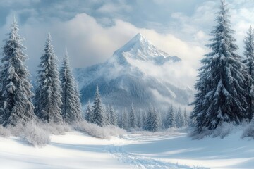 snowy mountain vista with tall frost-covered pine trees, winding footprints through fresh snow, misty clouds and a serene tranquil winter atmosphere