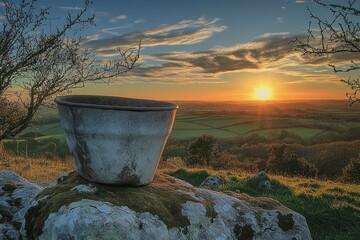 Weathered metal tub on a mossy rock overlooking rolling green fields at sunrise with bare branches framing a peaceful golden landscape