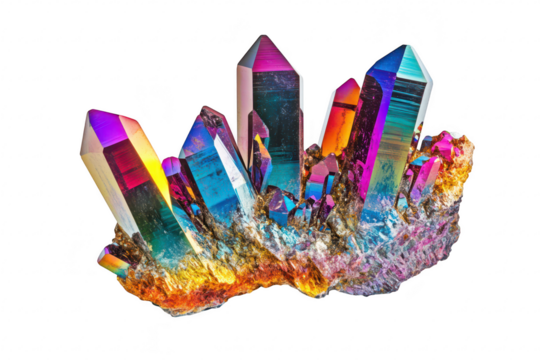 A cluster of iridescent crystals a spectrum of colors. illuminated against a clean white background. highlighting their unique formations and natural beauty