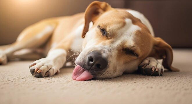 Tired dog resting with tongue out on the floor.