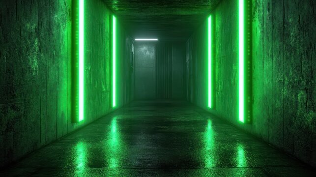 Empty concrete corridor with glowing green vertical neon lights, wet reflective floor and distant white light, moody futuristic eerie atmosphere