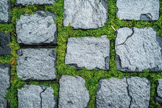 close-up of gray cobblestone pavement with bright green moss in the joints, weathered cracks and a few fallen leaves, evoking a calm, natural, aged atmosphere
