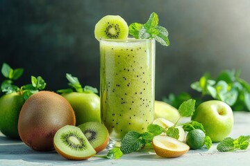 Refreshing vibrant green kiwi smoothie in a tall glass with visible seeds, garnished with kiwi slice and mint, surrounded by halved and whole kiwis, green apples and lime, invigorating