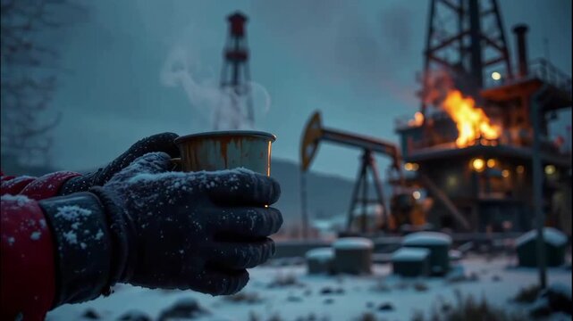Snowy glove metal cup hot drink winter oil rig fire night industrial worker cold scene as winter oil field cold snow fire emergency night worker gloves steam cup startle viewers with urgency snowy