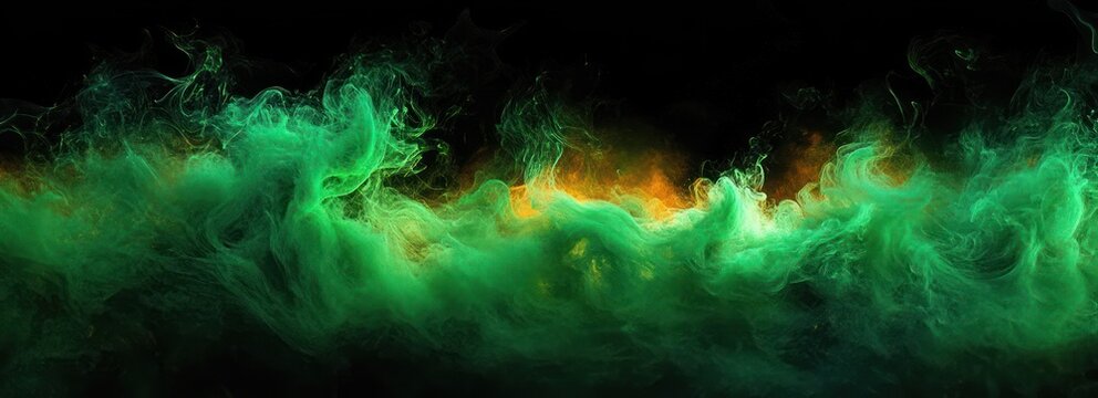 Swirling emerald smoke clouds and wispy green mist with orange inner glow against a black background, creating an ethereal, mysterious, turbulent atmosphere