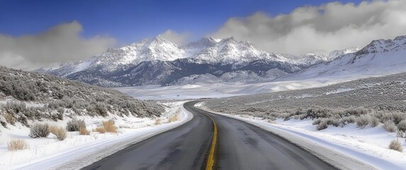 winding wet asphalt road through snowy sagebrush valley toward majestic snow-capped mountains under a blue sky, evoking solitude and serene cold