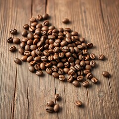 Brown coffee beans scattered on a rustic wooden surface, aromatic and energizing brew ingredient,  natural, coffee