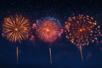 Three large colorful fireworks bursts rising from glowing trails against a deep starry night sky, golden orange and red explosions evoking festive awe and wonder