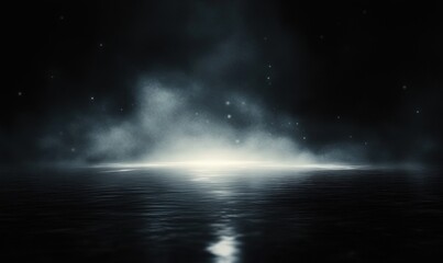 Fototapeta premium dark calm sea at night with glowing mist on the horizon, starry sky and soft light reflecting on rippled water, evoking mystery and quiet serenity