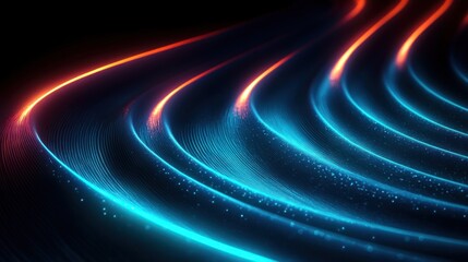 curved neon light waves in blue and orange with sparkling particles and flowing streaks, futuristic energetic mood