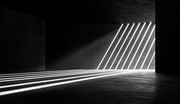 empty concrete interior with diagonal shafts of light creating bold parallel stripes across floor and wall, high contrast and dramatic solitary mood