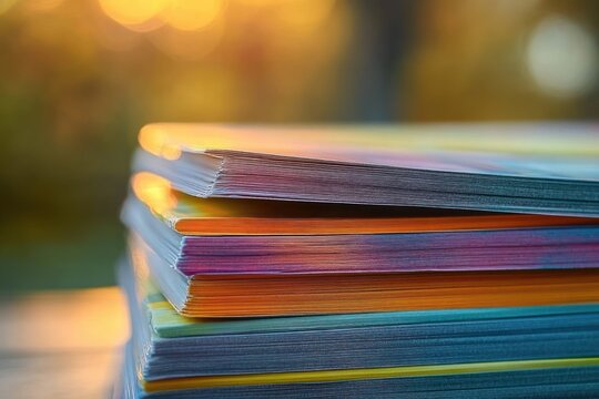 close-up of stacked multicolored paper pads with glowing golden hour bokeh and warm cozy serene mood