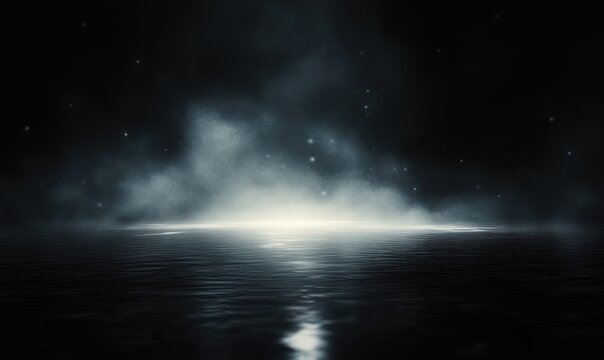 dark calm sea at night with glowing mist on the horizon, starry sky and soft light reflecting on rippled water, evoking mystery and quiet serenity