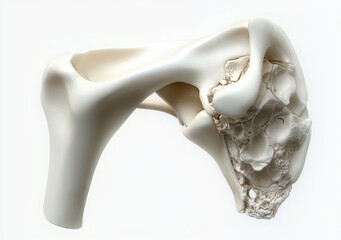 close-up ivory anatomical shoulder blade with porous spongy bone cross-section on white background, clinical and fragile mood