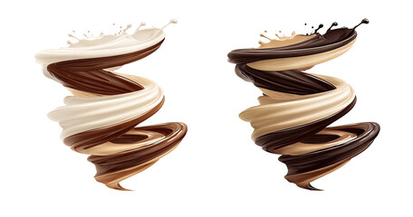 Two swirling mixtures of creamy chocolate and vanilla liquids