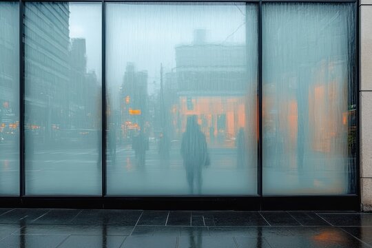 Silhouetted pedestrians behind fogged glass panels with blurred orange city lights and wet reflective sidewalk on a rainy, moody urban evening - Powered by Adobe