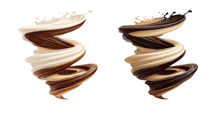 Two swirling mixtures of creamy chocolate and vanilla liquids