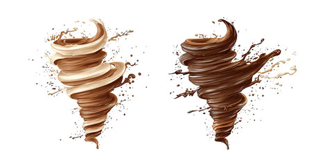 Swirling chocolate and vanilla vortexes splashing against dark background
