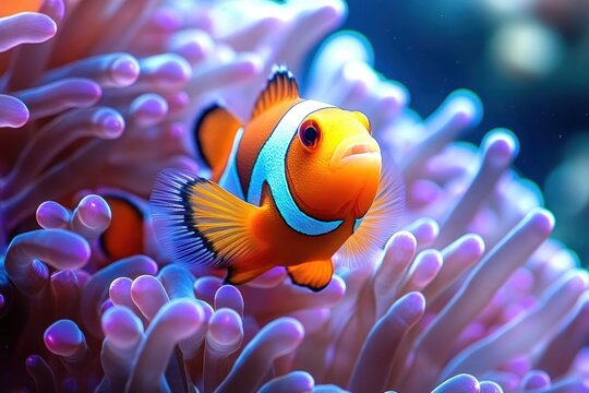 vibrant orange clownfish nestled among purple sea anemone tentacles with a curious, serene expression in a colorful underwater reef scene