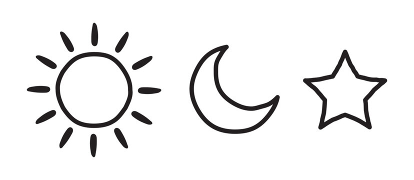Sun, moon and star hand drawn doodle line icons