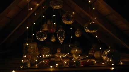 Magical christmas scene with glowing fairy lights and vintage glass baubles in a cozy attic. Warm festive holiday decorations hanging from a rustic wooden ceiling for a seasonal greeting - Powered by Adobe