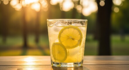 Refreshing glass of chilled citrus beverage sits on a wooden surface against a warm, blurred outdoor background.