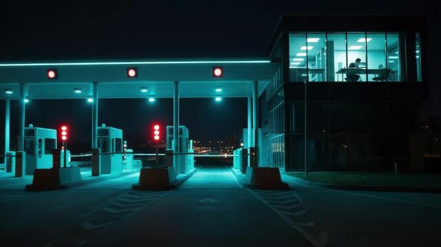 Sequence of an automated security checkpoint opening at night. A male guard watches from a modern office building with futuristic cyan lighting for controlled access