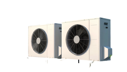 Two off-white rectangular air conditioning units with large circular fan blades, outdoors