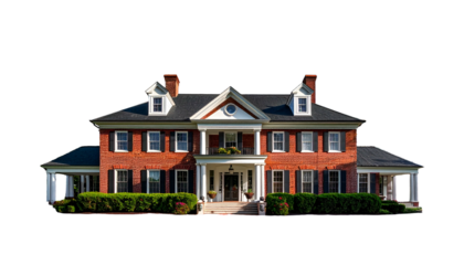 Classic two-story brick colonial home with symmetrical facade, set against black backdrop