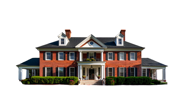 Classic two-story brick colonial home with symmetrical facade, set against black backdrop