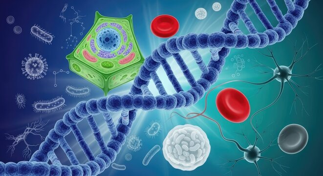 A blue DNA strand with red and green cells and viruses on a blue background.