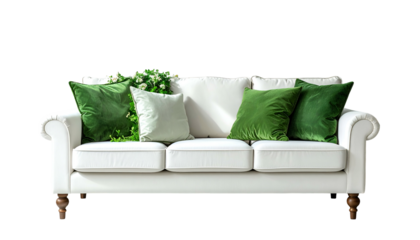 Elegant white sofa with green and light-green pillows and floral arrangement