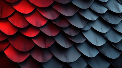 close-up of overlapping metallic semicircular scales in red and blue gradient with textured worn surface conveying a dramatic mysterious mood