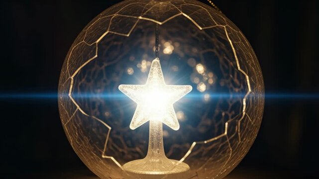 Glowing star inside a kintsugi style glass sphere ornament. Magical holiday decoration with a bright light and blue lens flare on a dark background for a festive web banner