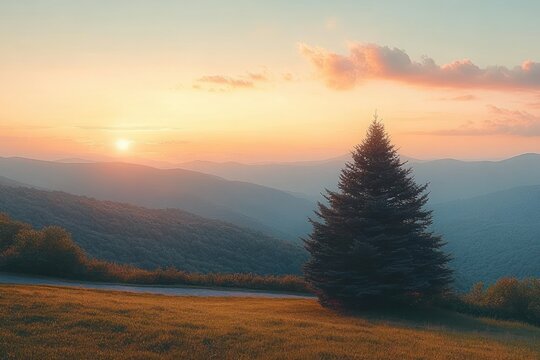 Solitary fir tree on a grassy meadow overlooking layered blue mountain ridges at sunset under a soft pastel sky, evoking peaceful calm and quiet solitude - Powered by Adobe